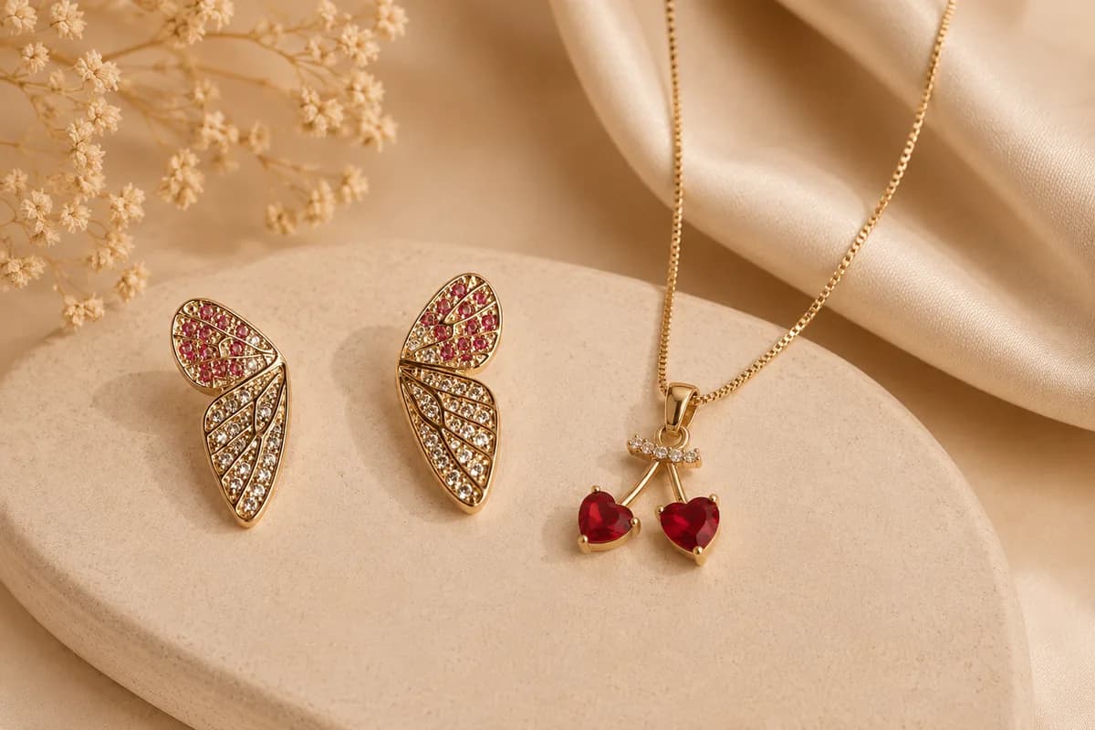 Aretes y dije con cristales de colores sobre piedra clara