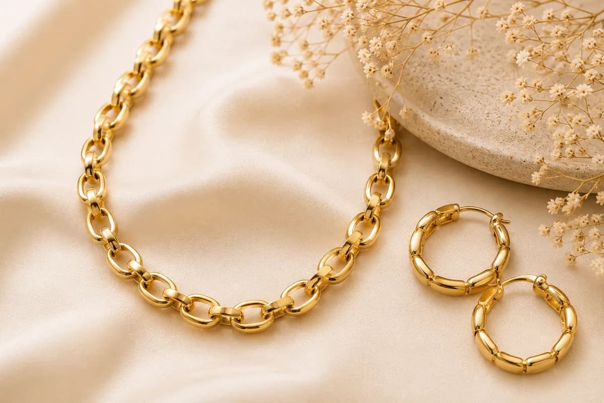 Collar y aretes de oro laminado 18K sobre seda