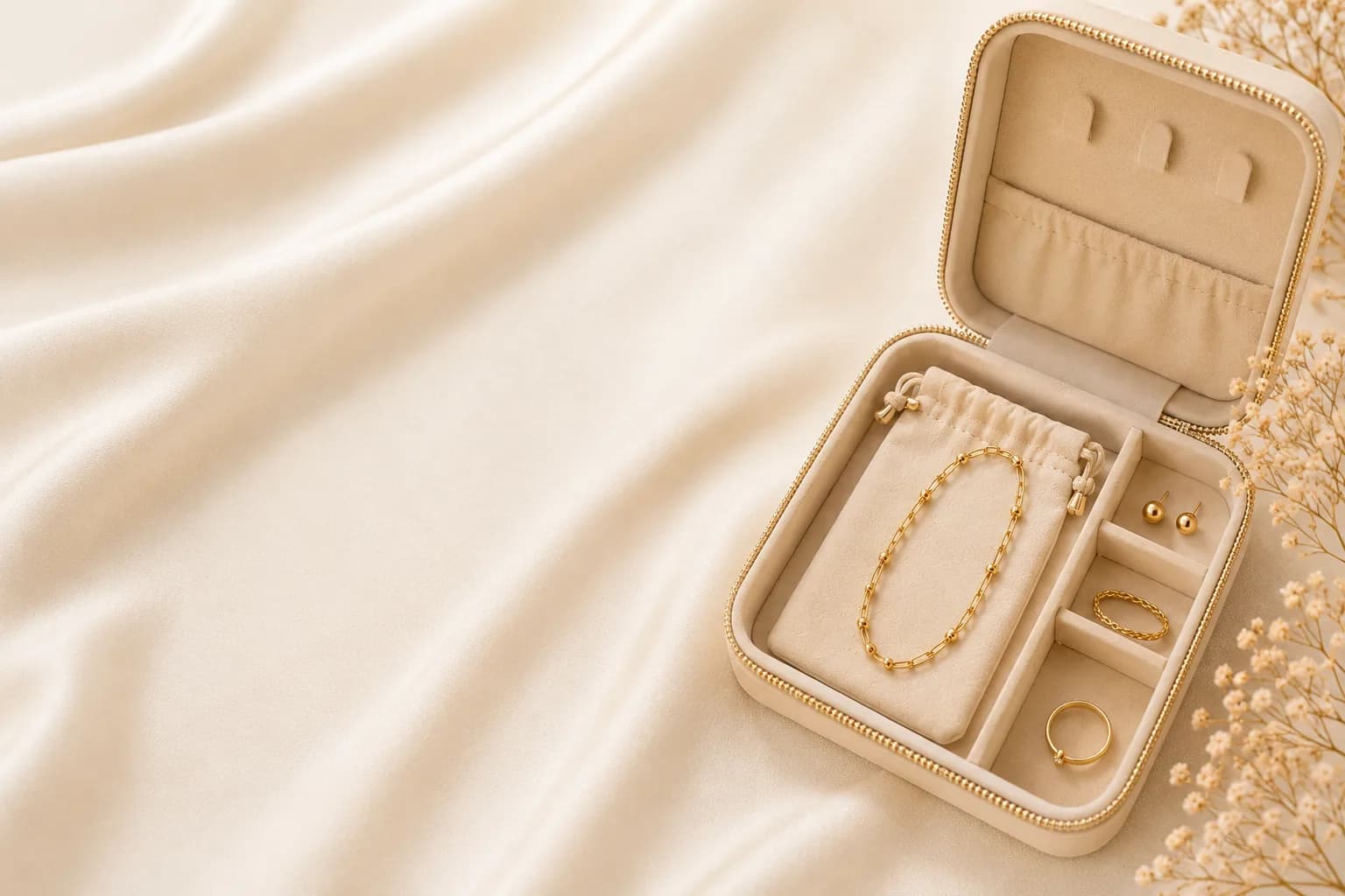 Estuche de joyería Airi con piezas de oro laminado sobre seda