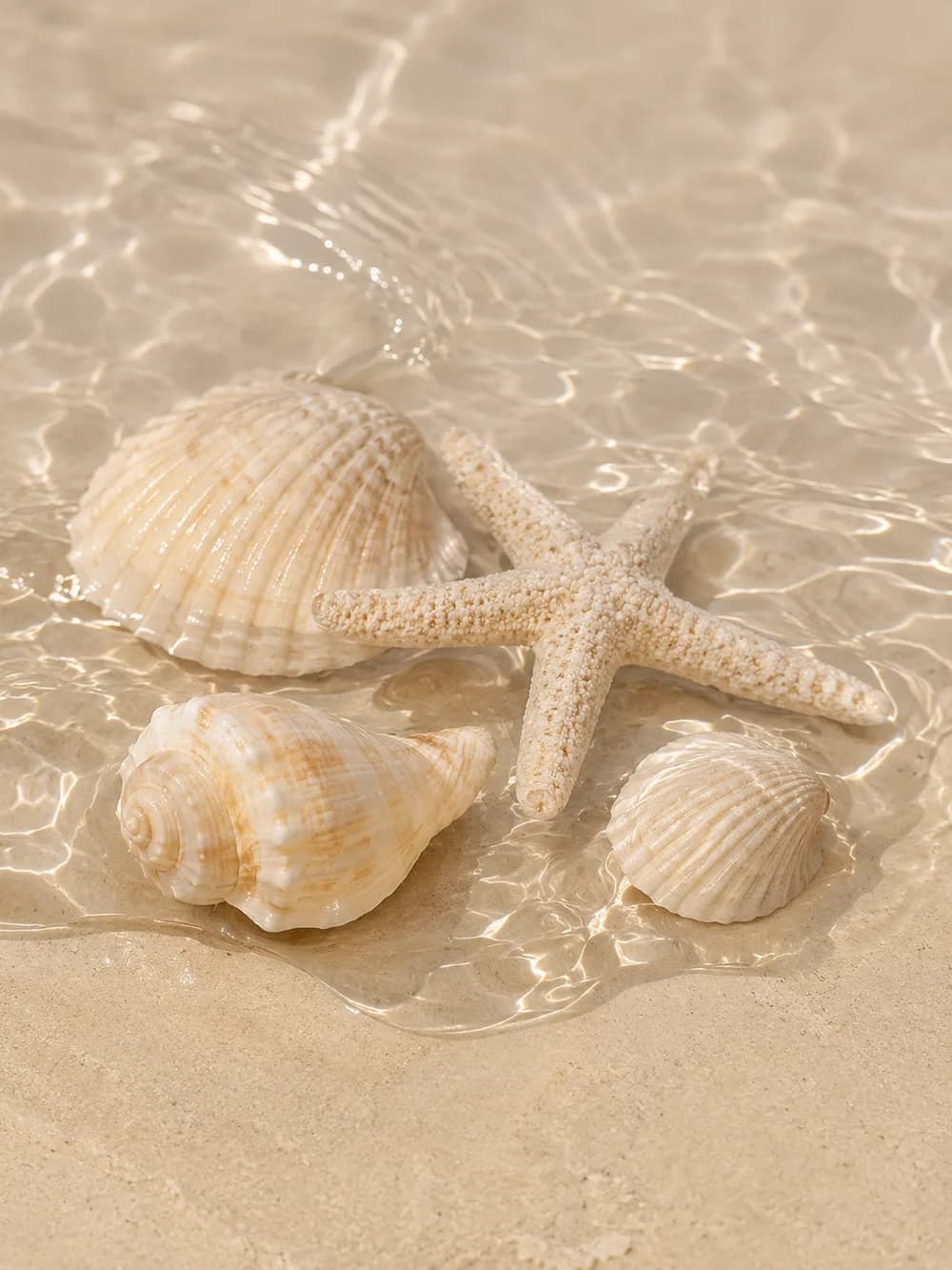 Conchas y estrella de mar en agua clara sobre la arena