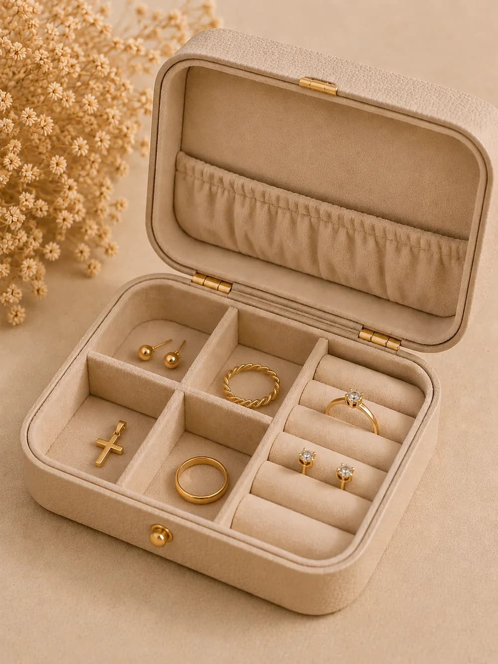 Estuche de joyería abierto con piezas de oro laminado organizadas